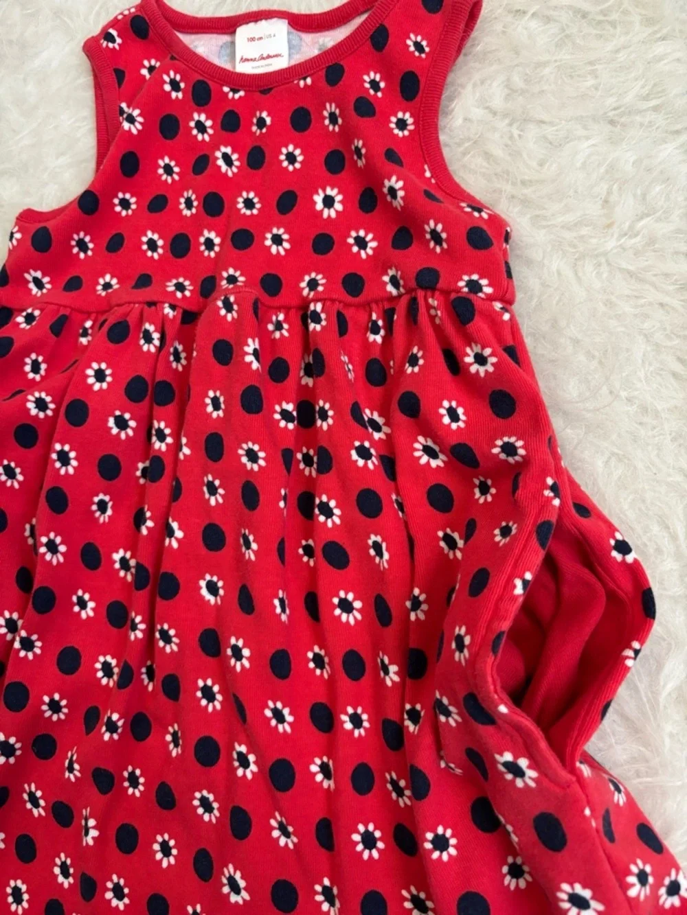 Hanna Andersson Festive Red Sleeveless Dress with Navy Dots and White Flowers